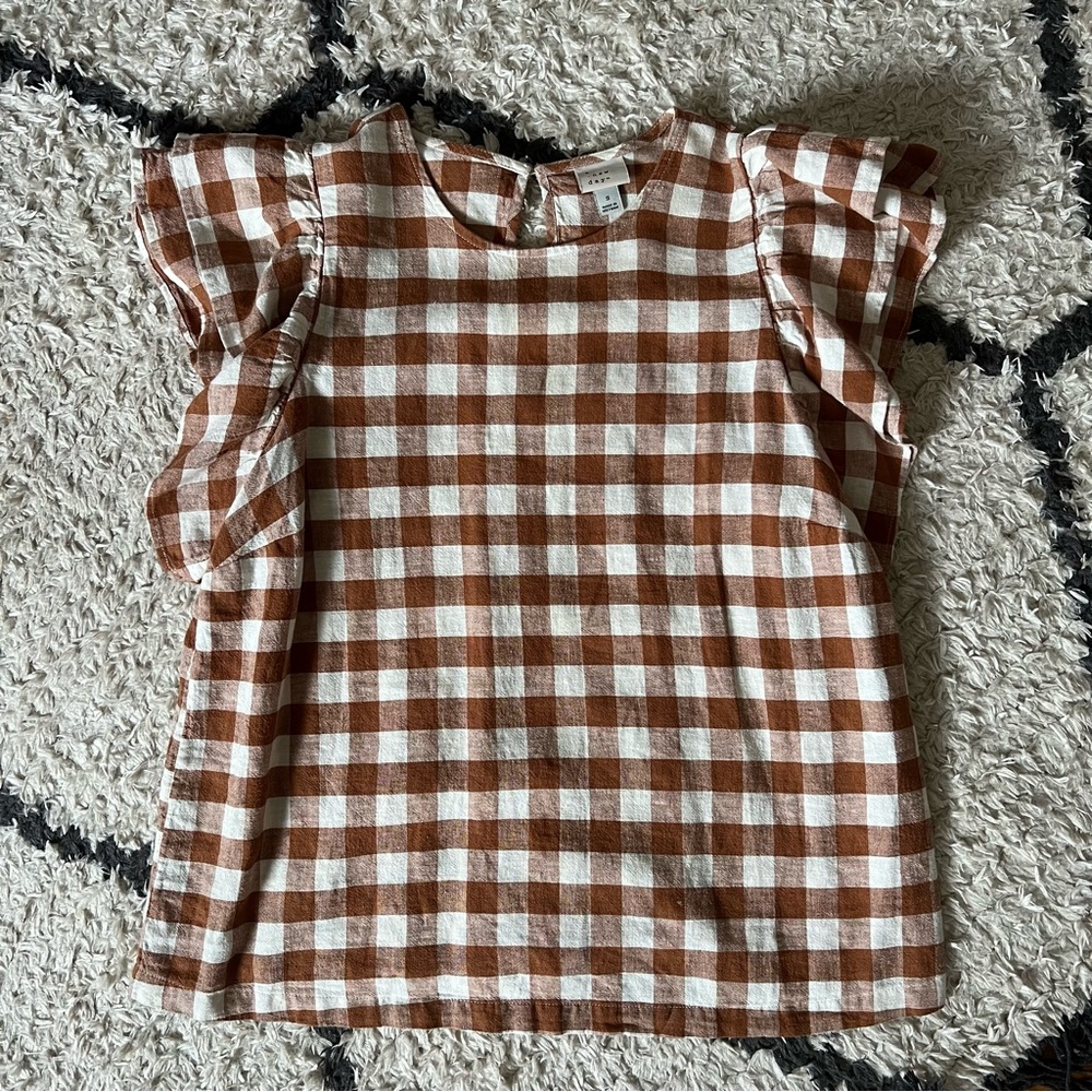 Brown Gingham Flutter Sleeve Shirt / a new day / Small /  Linen Blend